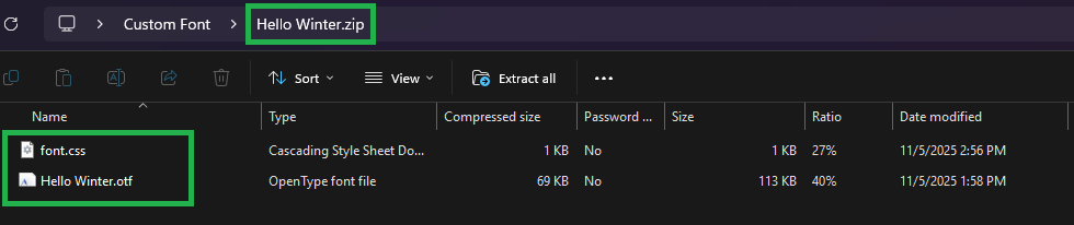 Zip folder view of a Custom Font zip file in Windows where the user verifies its contents before uploading the zip as a custom font on the Yodeck platform.