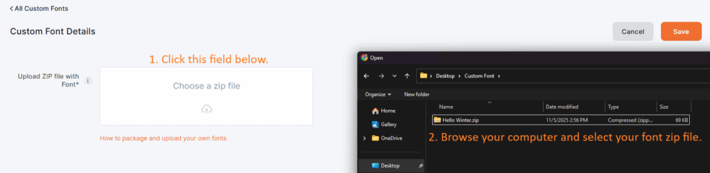 Yodeck platform page for uploading Custom Fonts inside the user's Yodeck account.