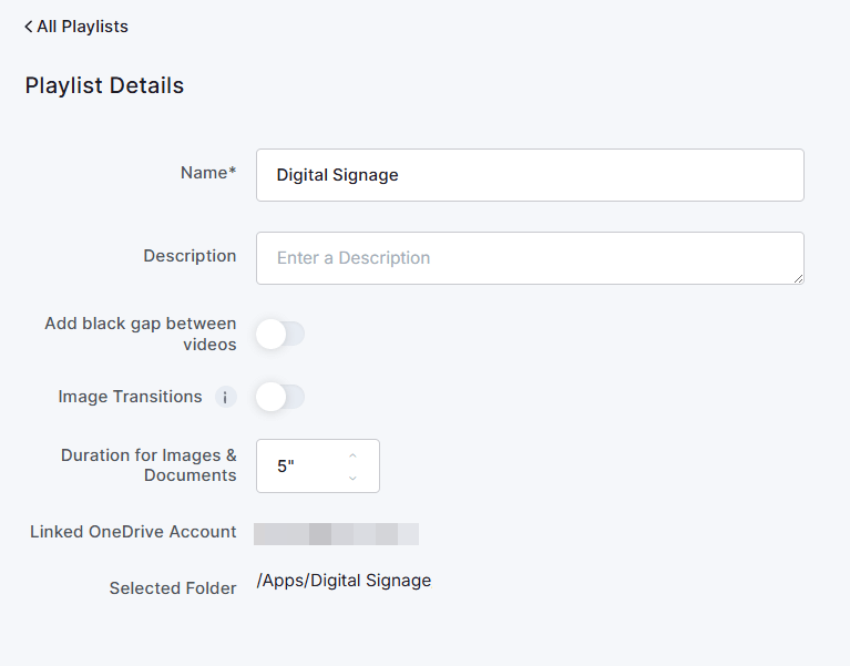 OneDrive Playlist details in the platform