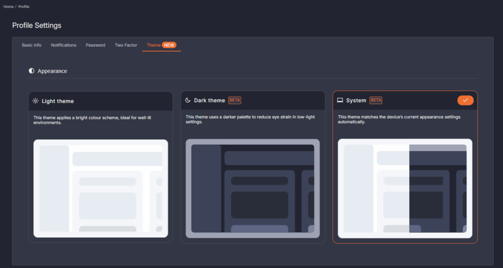 Yodeck platform Theme Selector inside the User Profile options.