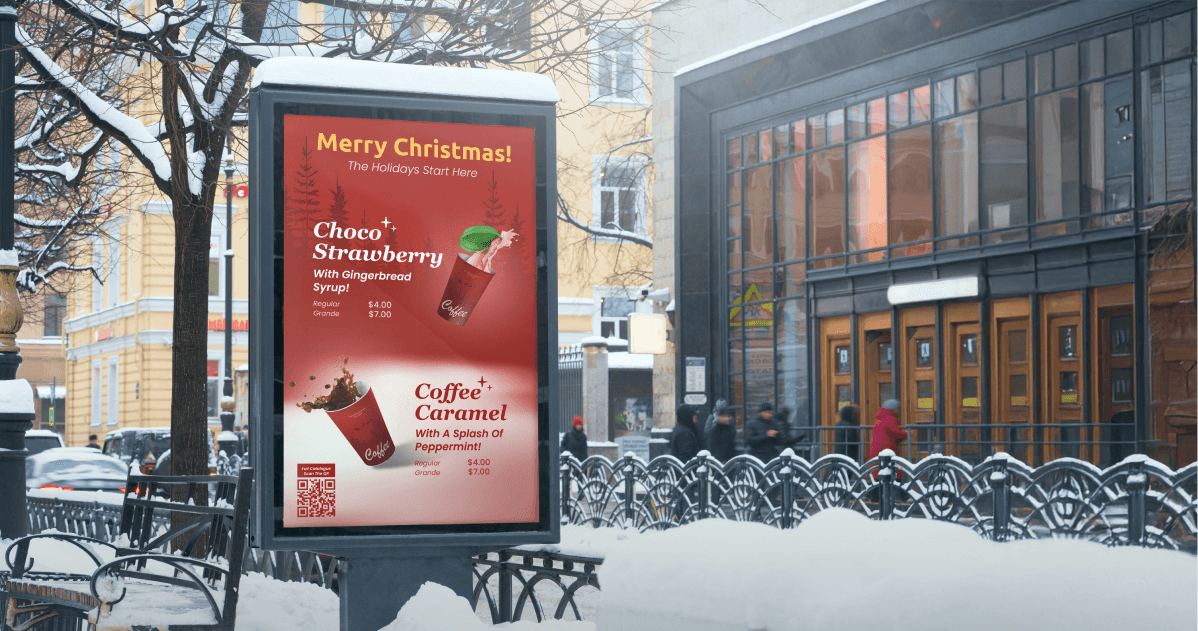 Bus stop display showing a Christmas-themed coffee advertisement