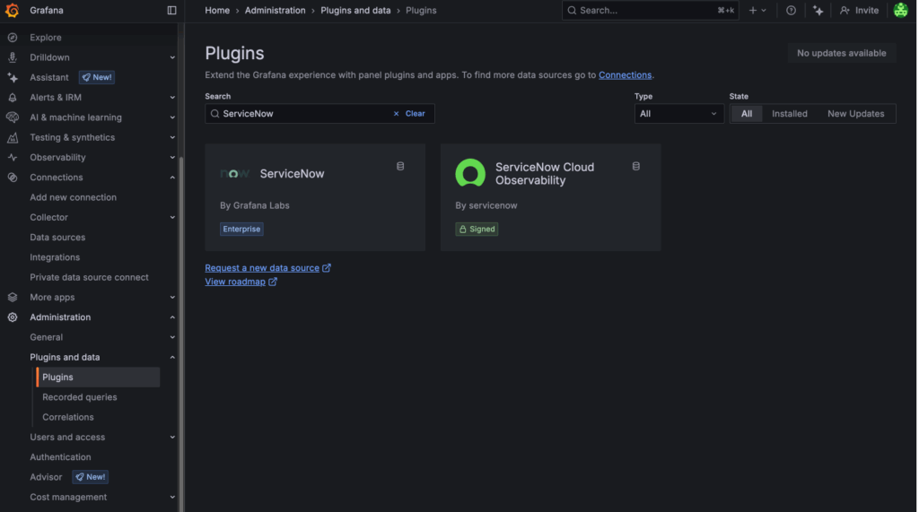 Grafana Plugins page showing ServiceNow plugin