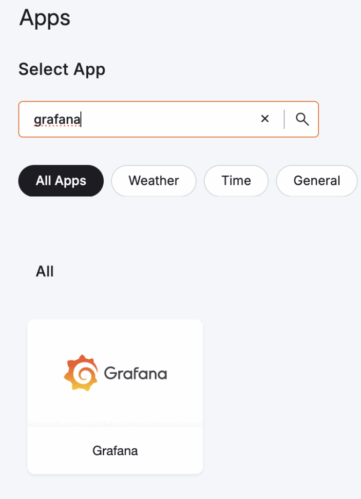 Yodeck App Gallery showing Grafana App option