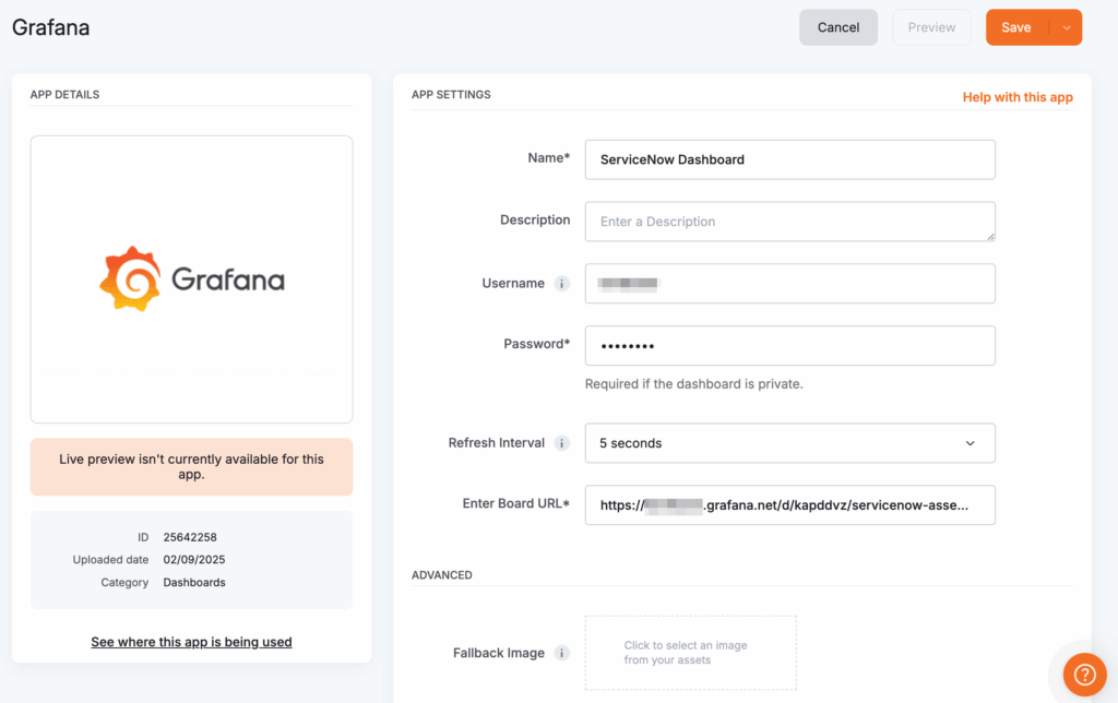 Grafana App configuration form in Yodeck