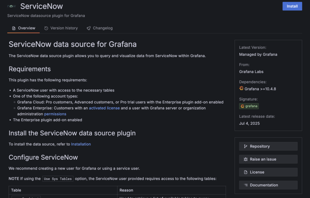 ServiceNow plugin page showing Install button in Grafana
