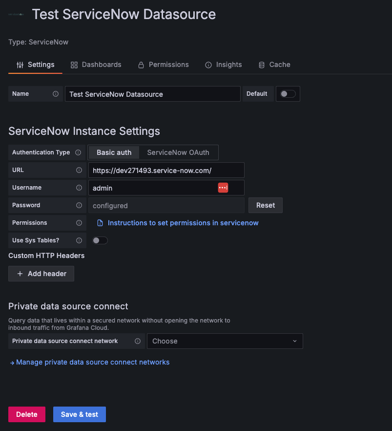 ServiceNow data source configuration form in Grafana