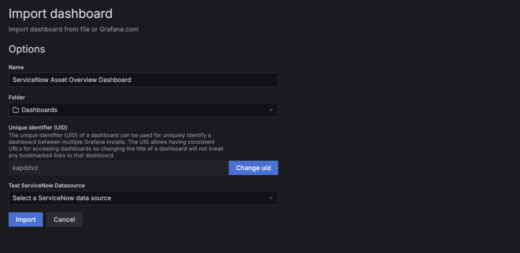 Selecting ServiceNow data source while importing Grafana dashboard