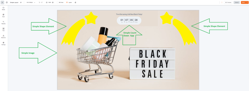 Screenshot from the Yodeck Layout Editor illustrating a simple content example with highlighted static elements explained inside green arrows.