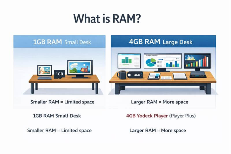 A short visual description of what RAM is. The image depicts two desks, once small with a few things on it and another larger one with more things on it to illustrate how more RAM can manage more elements, especially dynamic elements.
