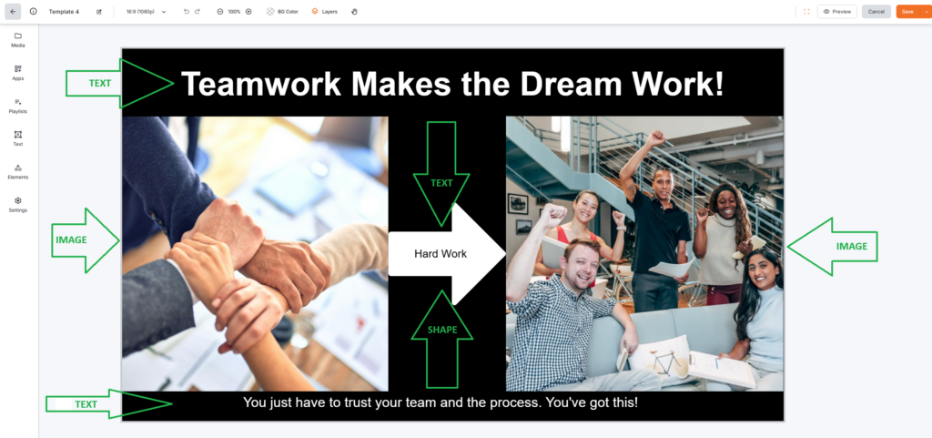 Screenshot from the Yodeck Layout Editor illustrating a simple region example with highlighted static elements explained inside green arrows.