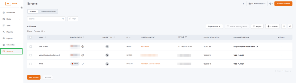 Yodeck Screens' list page containing all available Screens along with their respective data.