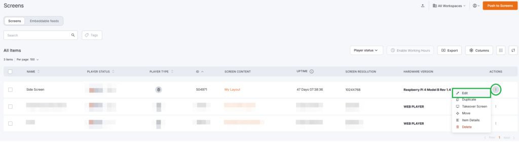 Yodeck Screens' list page displaying a selected Screen for editing.