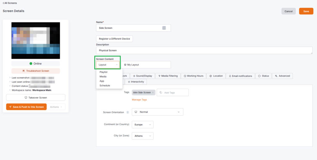 Yodeck Screen Edit page containing all the Screen's configuration options such as the Content Type selection options that are used in this example.