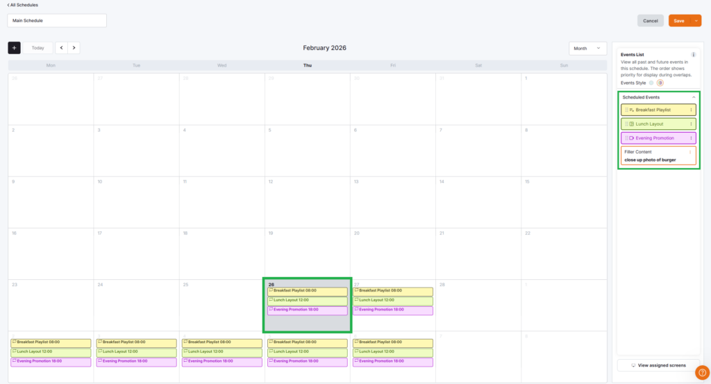 Visual example of a Yodeck Schedule displaying the actual schedule that is based on various elements such as playlists, layouts, and media across a specific timeframe.