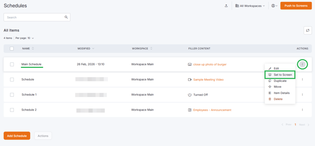 Visual example of a Yodeck Schedule that is selected to be Set as the Screen content.