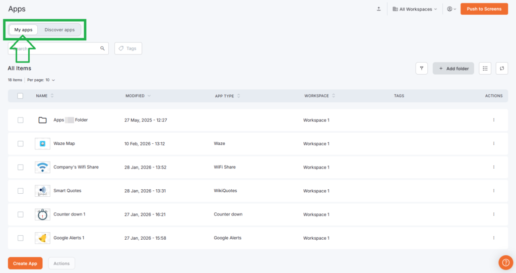 "My apps" tab in the Yodeck platform