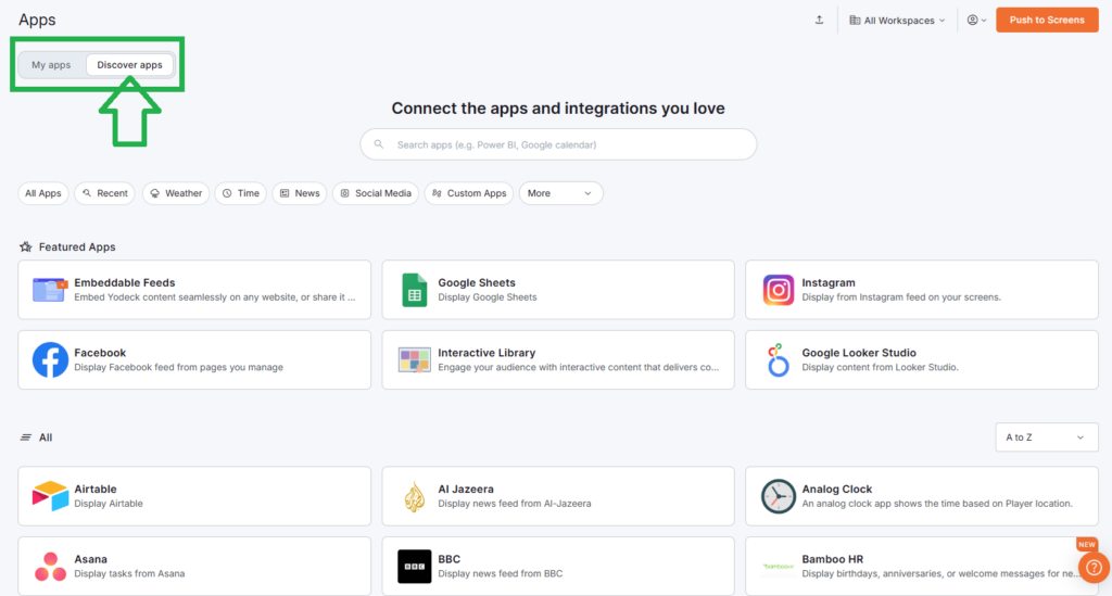 "Discover apps" tab in the Yodeck platform