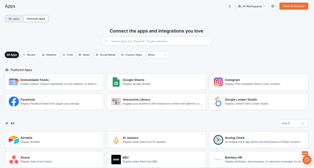 Apps Gallery in the Yodeck platform displaying various available apps, app category filtration options and a big search bar in the top middle part of the page.