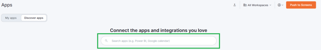 Yodeck Apps' Gallery smart search bar.