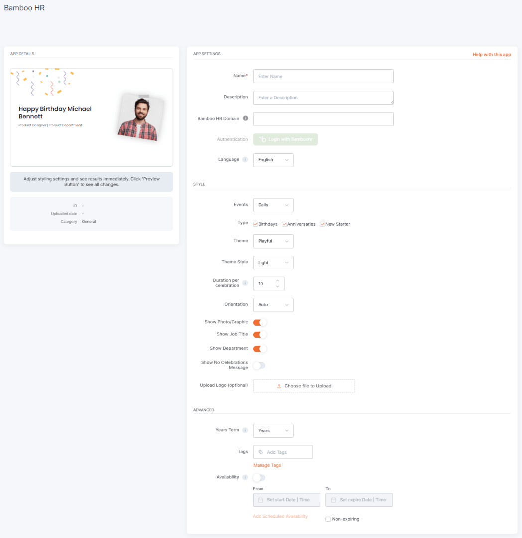 Yodeck Bamboo HR app configuration interface settings and scheduling options.