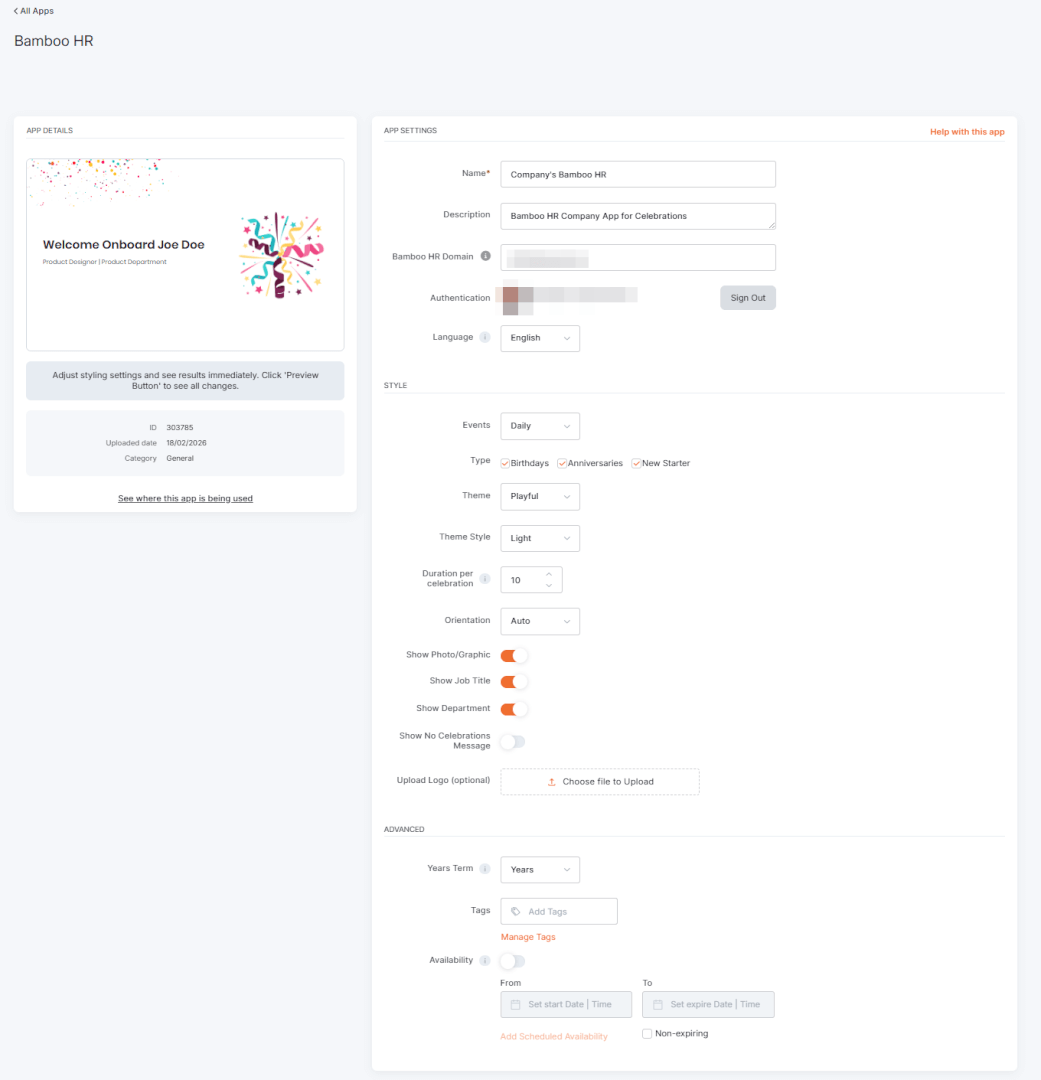 Yodeck Bamboo HR app setup with a connected Bamboo HR account and configured settings based on daily Events.