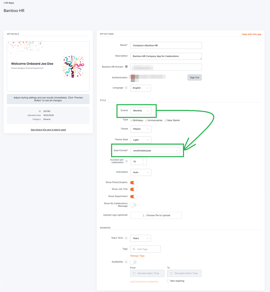 Yodeck Bamboo HR app setup with a connected Bamboo HR account and configured settings based on monthly Events.