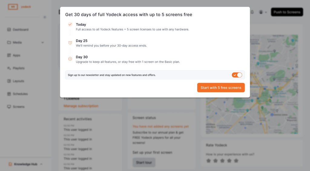 Post-signup Informative Pop-Up Window displaying the 30-day full Yodeck platform's access period with availability of up to five screens.