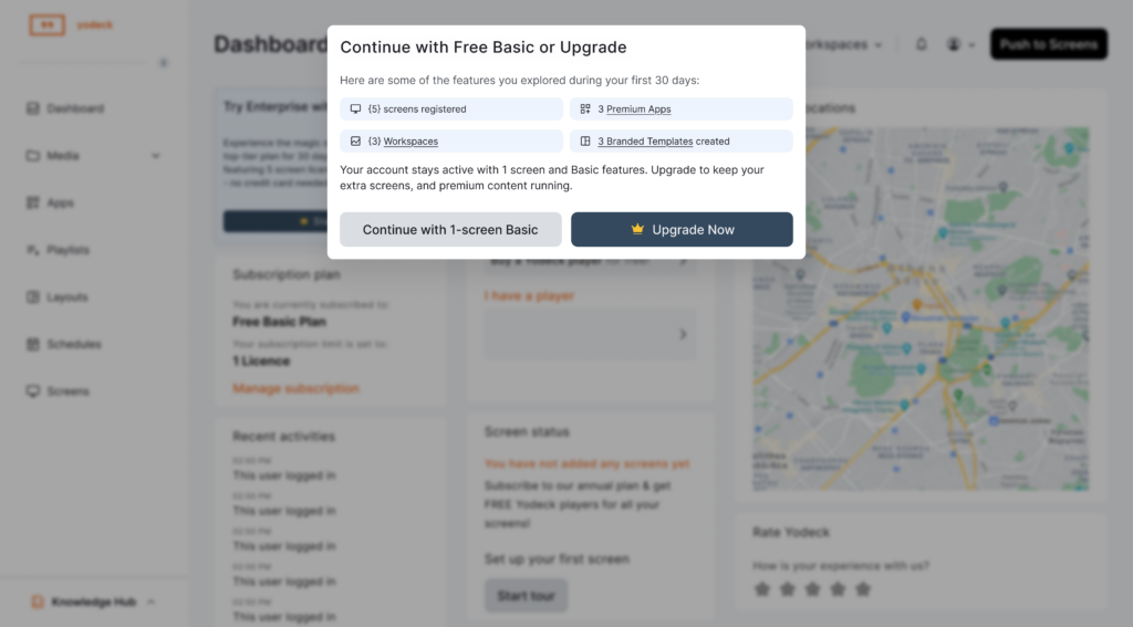 Unlimited Access Period Informative pop-up window displaying the available options to users after the end of the Free Period. The options are to either downgrade or upgrade.