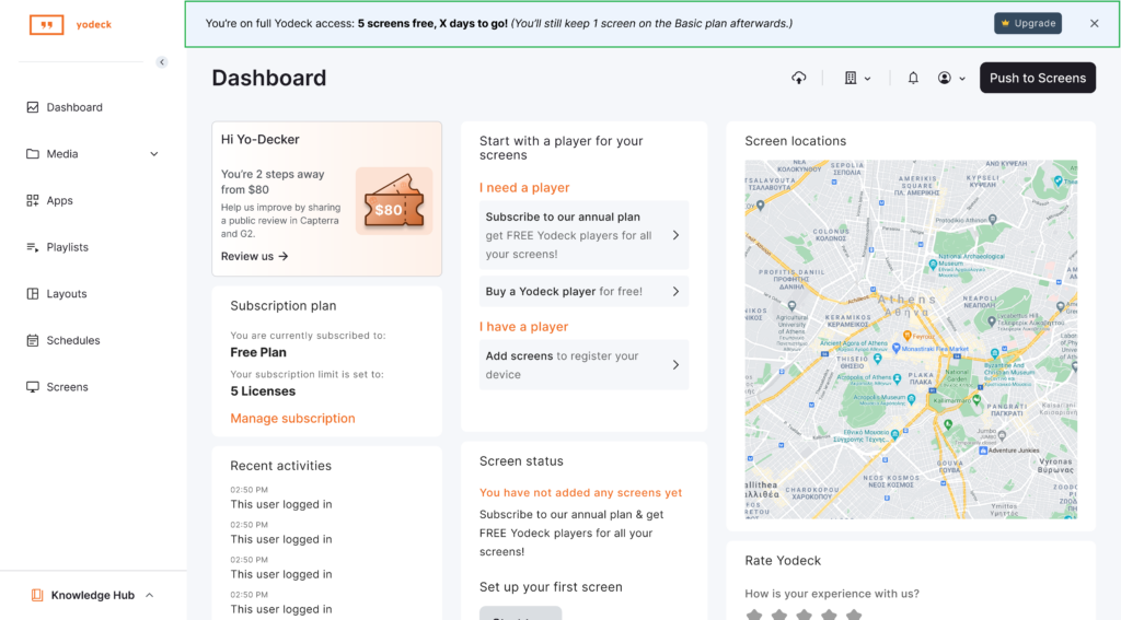 Post-signup Informative banner displaying inside the Yodeck platform the remaining number of screens and days available of the Unlimited Access Period.
