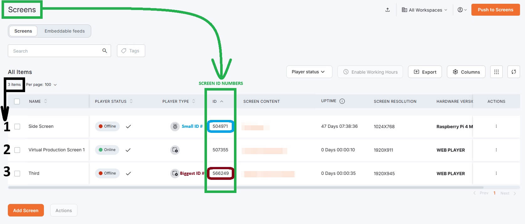 Screens page in Yodeck displaying the Screen ID numbers as an example of how each screen ID number is handled after the Free Period ends in relation to which screen remains active and which ones do not.