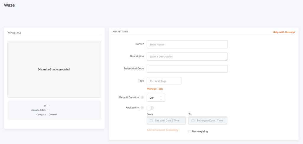 Yodeck Waze app depicting the configuration interface.