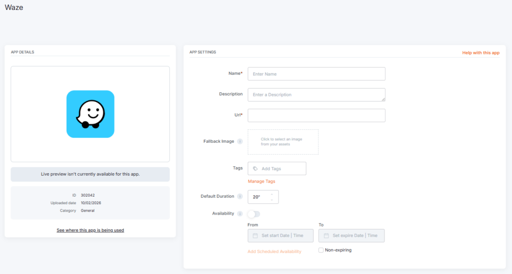 Yodeck Waze app depicting the configuration interface.