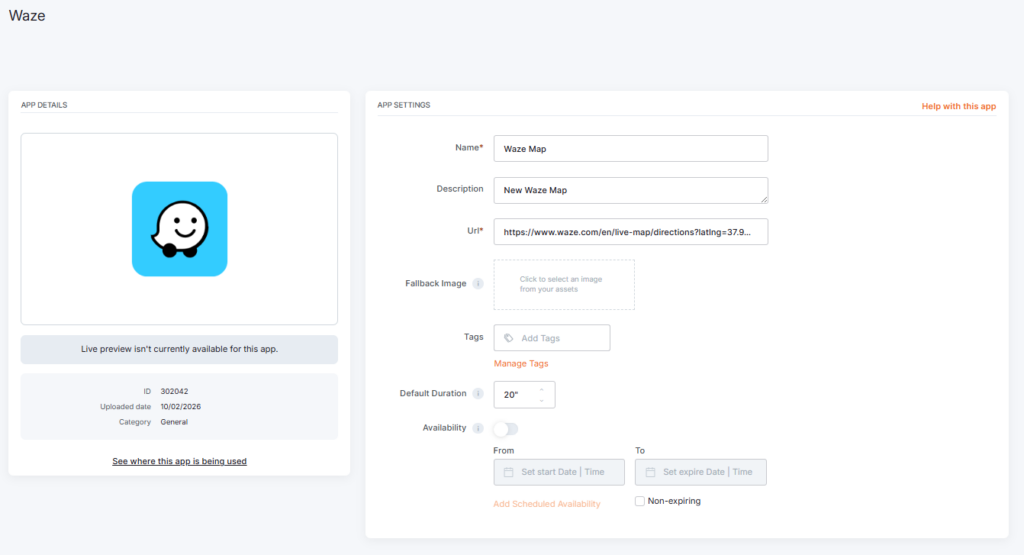 Yodeck Instagram app setup with a Shared Map, displaying the respective map.