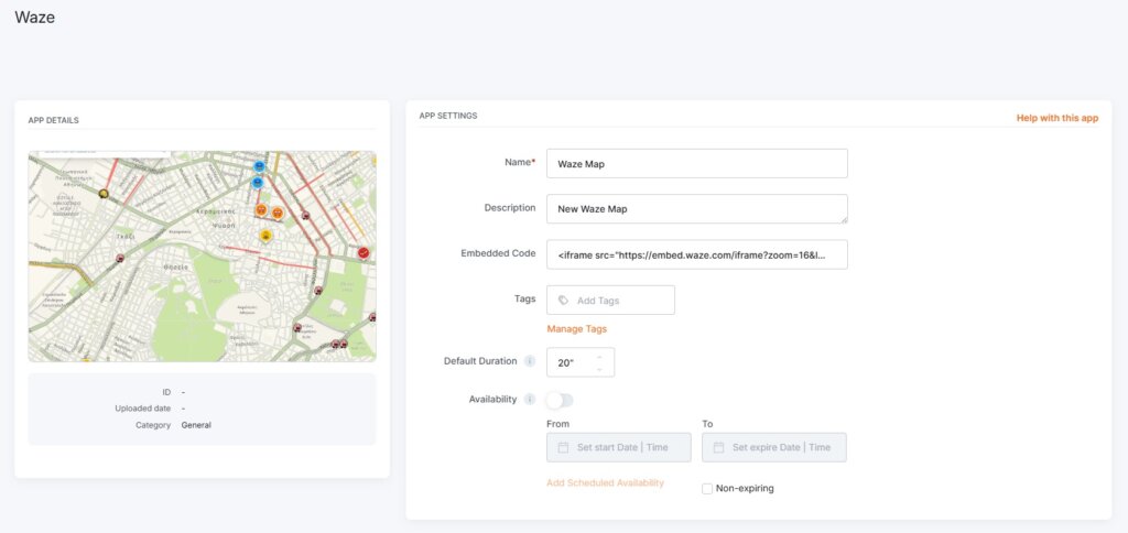 Yodeck Instagram app setup with an Embedded Code, displaying the respective map.