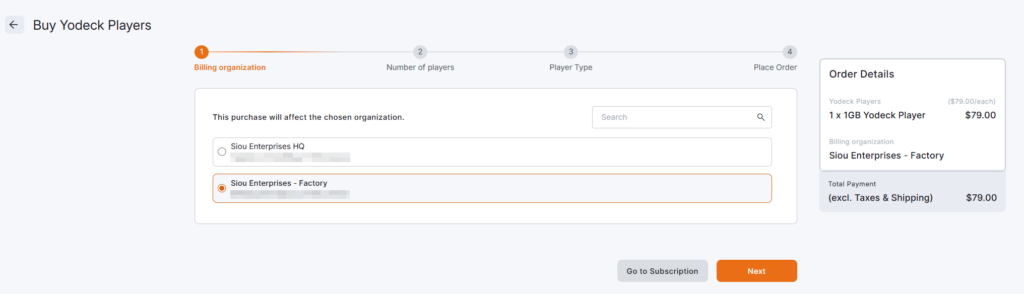 Platform Checkout page with Billing Organization and shipping address details when purchasing hardware.