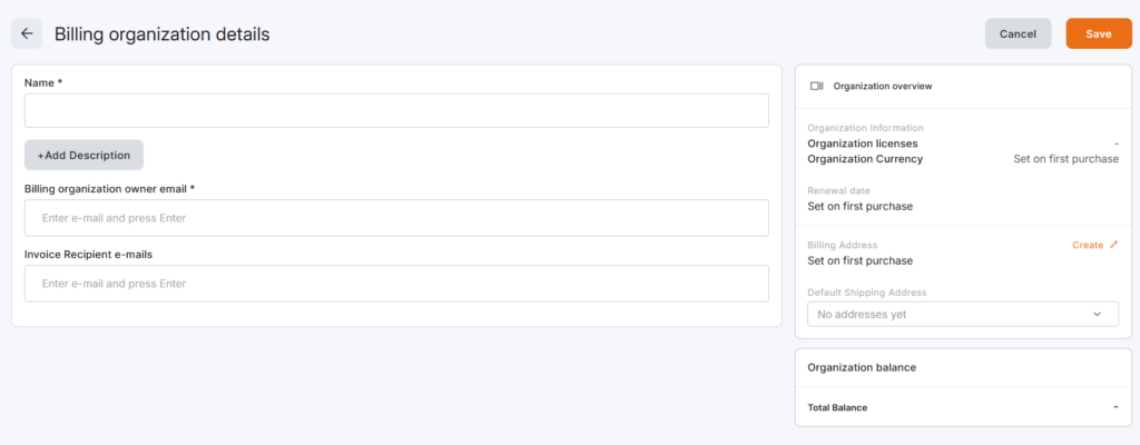 Filling in the Billing Organization details.