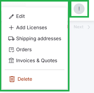 Billing organization's quick action options inside the Billing Organizations list displaying options such as edit, add licenses, shipping addresses, orders, invoices & quotes, and delete.