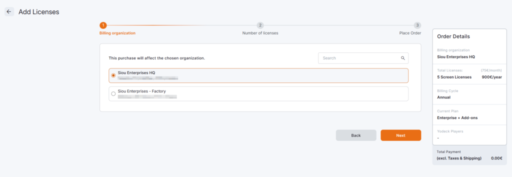 Selecting a Billing Organization while adding Yodeck licenses 