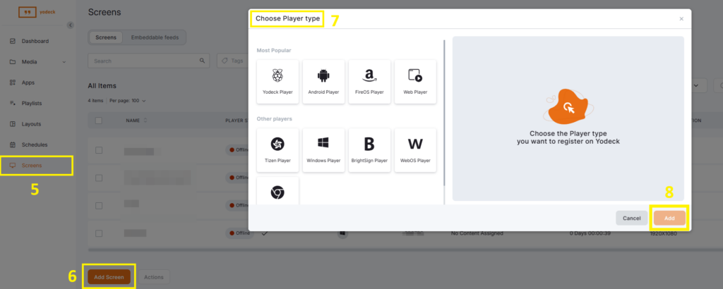 Overview of the Yodeck platform illustrating the steps for setting up a new screen and filling in the registration code.