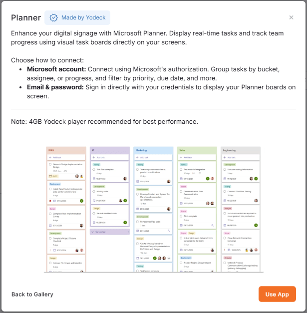 Microsoft Planner app preview in the Yodeck Apps Galery.
