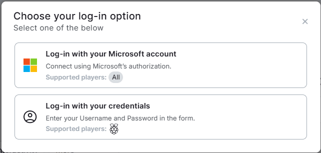 The Microsoft Planner App log-in option chooser, showing Log-in with Microsoft account (all players) and Log-in with credentials (Raspberry Pi only).