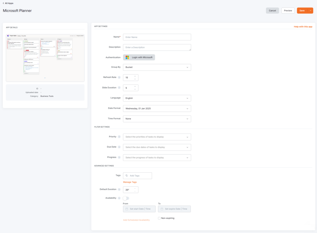 Empty Microsoft Planner App setup form for the Microsoft account log-in option.