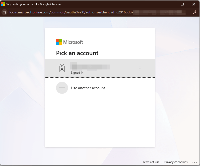Microsoft Authentication pop-up window displaying existing account options as well as the option to create or add a new account.