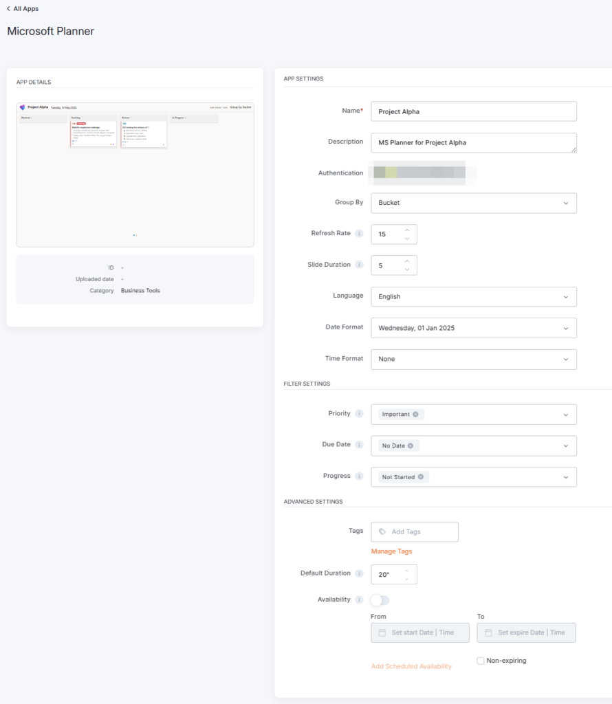 Completed Microsoft Planner App setup form for the Microsoft account log-in option, with Microsoft account connected and plan selected.