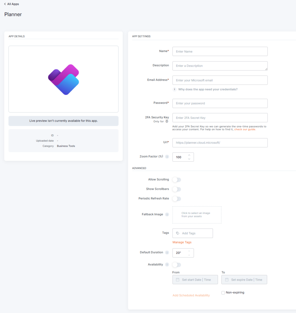 Empty Microsoft Planner App setup form for the credentials log-in option.