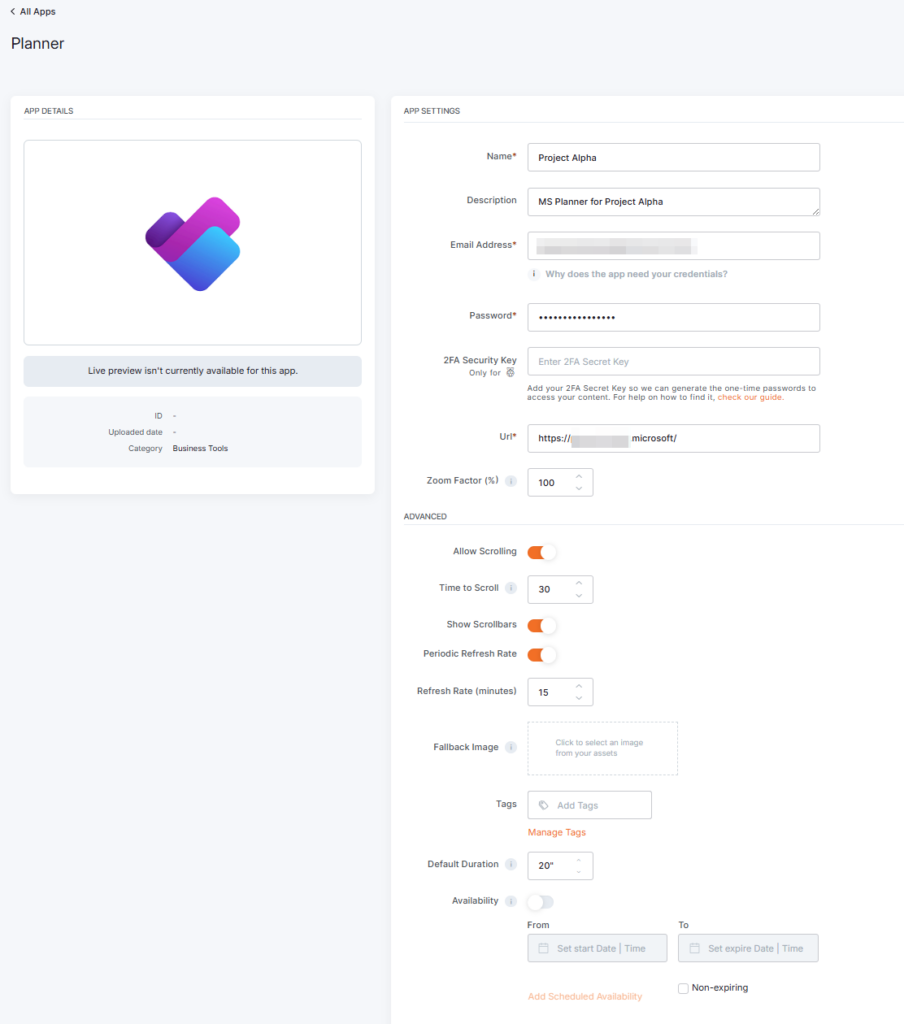Completed Microsoft Planner App setup form for the credentials log-in option.