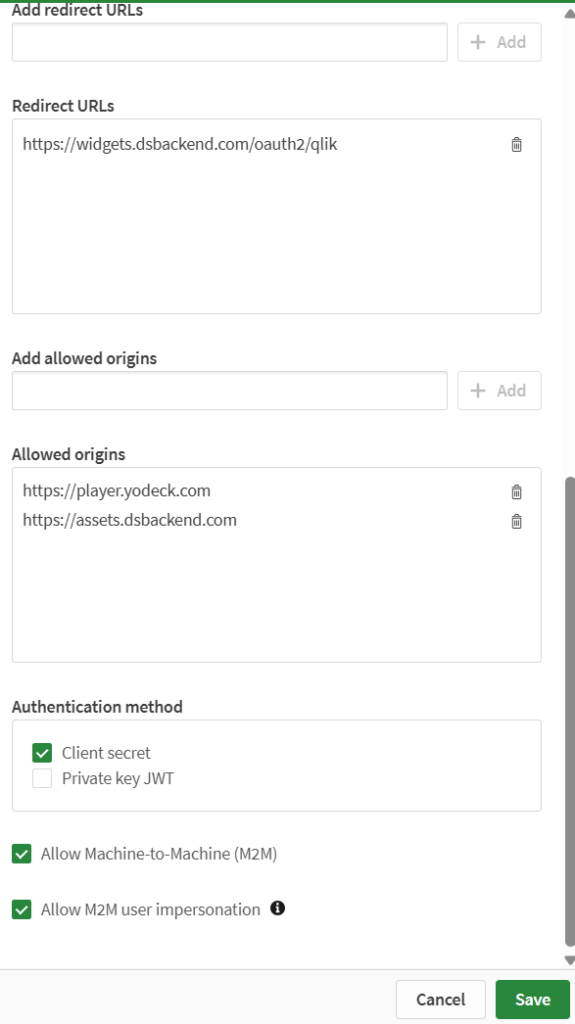 Qlik Cloud OAuth Client creation for the Yodeck Qlik app.