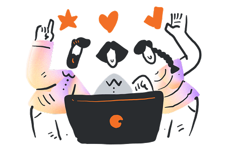 Animated group celebrating around laptop with Yodeck branding