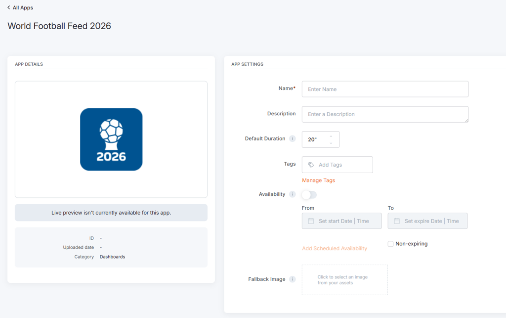 Creation and configuration of the World Football Feed 2026 app.