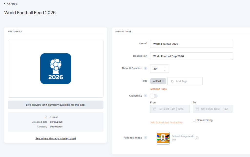 Finalization of the configuration of the World Football Feed 2026 app.